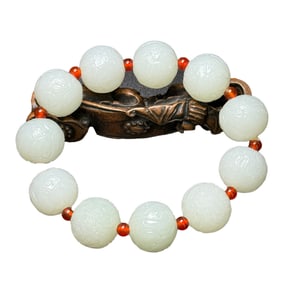 Hand Carved Exquisite Chinese White Hetian Jade Beads Bracelet
