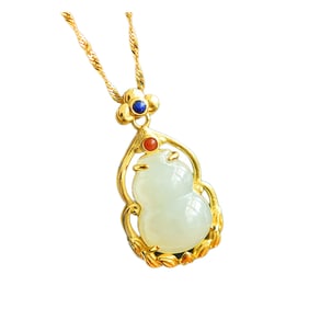 Chinese 925 Silver Inlay Hetian Jade Carved Gourd Pendant