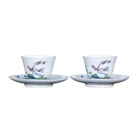 A Pair Chinese Doucai Plum Flower Design Porcelain Teabowl