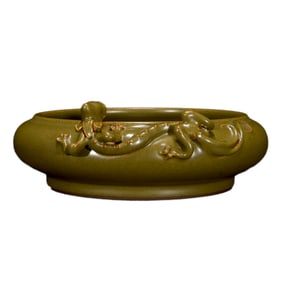 Chinese Tea Dust Glaze High Relief Fortune Dragon Brush Washer