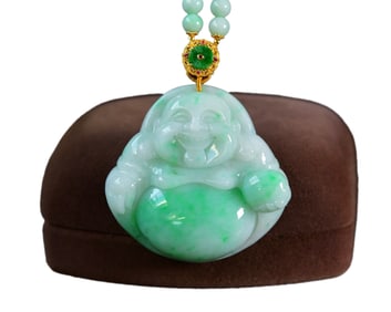 Exquisite Jadeite Carved Laughing Buddha Pendant w Hand Woven Jadeite Beads Necklace