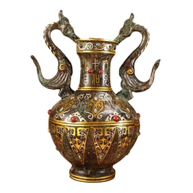 Vintage Chinese Gilt Gold Bronze Double Ear Vase