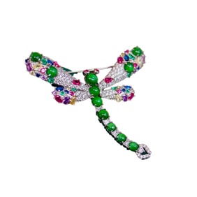 Beautiful Silver Inlay Green Jadeite Dragonfly Brooch