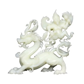 Exquisite Chinese White Hetian Jade High Relief Fortune Dragon Statue