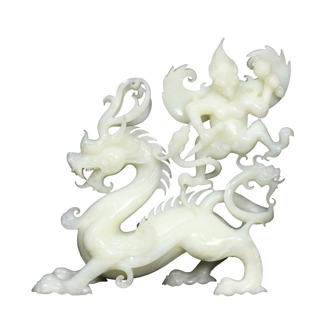 Exquisite Chinese White Hetian Jade High Relief Fortune Dragon Statue