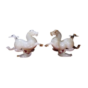 A Pair Superb Chinese White Hetian Jade Carved Fortune & Swallow Statues