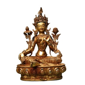 Superb Old Tibetan Gilt Gold Copper Inlay Gem Green Tara Statue