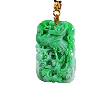 Exquisite Jadeite Carved Phoenix & Peony Pendant w Hand Woven Chenxiang Wood Beads Necklace