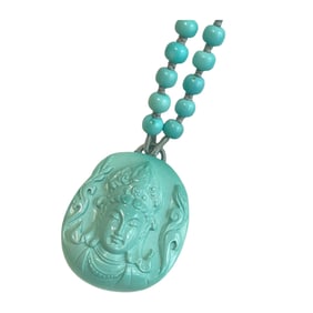 High Quality Natural Turquoise Carved Kwan-yin Pendant w Hand Woven Beads Necklace