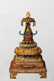 Old Tibetan Silver Wires Inlay Crystal & DZI Agate & Turquoise Pagoda Statue