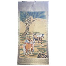 Chinese Watercolour On Silk Fortune Horse Design Painting - Lang Shi Ning