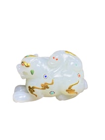 Chinese Gilt Gold Hetian Jade Carved Fortune Beast Statue