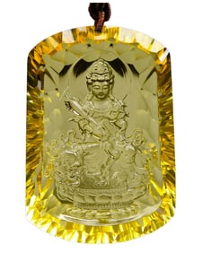 Beautiful Yellow Crystal Carved Manjushri Bodhisattva Pendant w Hand Woven Beads Necklace