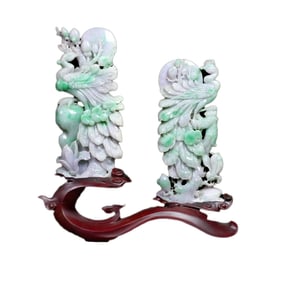 A Pair Exquisite Jadeite Carved Phoenix Statues