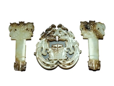 A Pair Superb Chinese Hetian Jade Carved Dragon Phoenix Jade Bi Statue