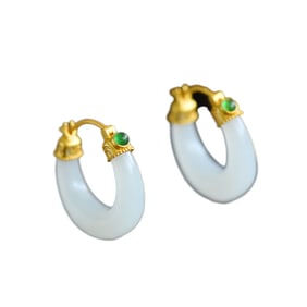 A Pair Exquisite Chinese 18K Gold Inlay White Hetian Jade Earring