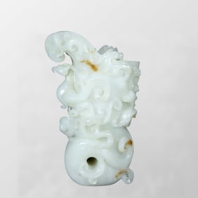 Exquisite Chinese White Hetian Jade High Relief Dragon Phoenix Cup
