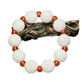 Openwork Chinese White Hetian Jade Carved Ruyi Beads Bracelet