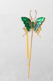 Exquisite Silver Plated Gilt Gold Inlay Jadeite Butterfly Hairpin