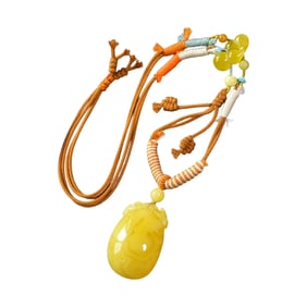 Exquisite Beeswax Carved Ruyi Pendant w Hand Woven Beads Necklace