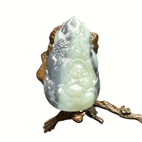 Chinese Natural Hetian Jade Low Relief Laughing Buddha Pendant