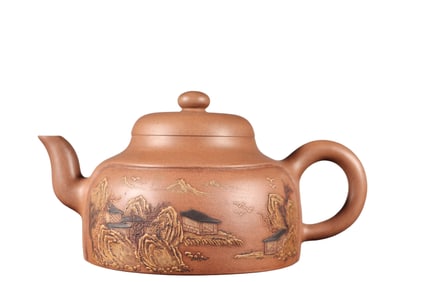 Chinese Yixing Zisha Clay Remote Mountains Sightseeing Design Teapot w Artist Signed