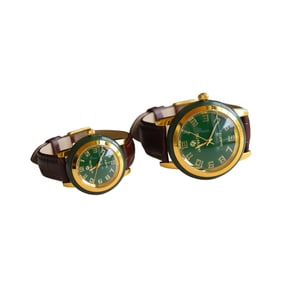 A Pair Chinese Green Hetian Jade Wrist Watch Statue