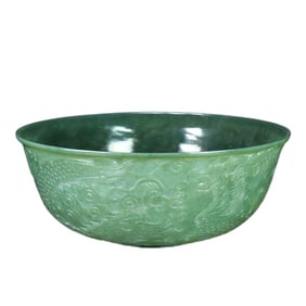 Chinese Green Hetian Jade Low Relief Fortune Dragon Design Bowl