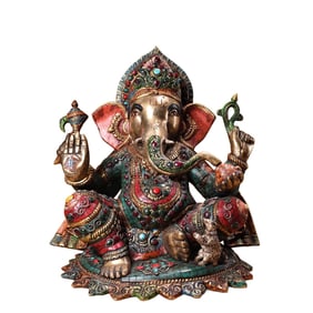 Old Tibetan Gilt Gold Bronze Inlay Turquoise & Gems Ganesha Buddha Statue