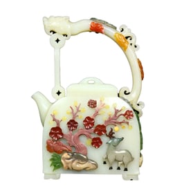Superb Chinese Hetian Jade Inlay Gem Carved Plum Flower & Deer Handle Teapot