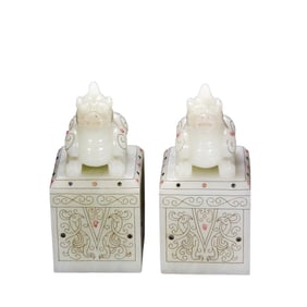 A Pair Exquisite Chinese White Hetian Jade Inlay Silver Wires & Gems Unicorn Seals