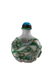 Chinese Green Peking Glass Low Relief Pine Tree & Crane Snuff Bottle