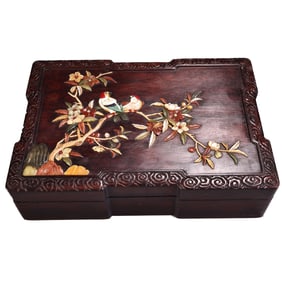 Vintage Chinese Huanghuali Wood Inlay Shoushan Stone & Shell Flowers Bird Jewellery Box