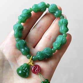 Chinese Green Hetian Jade Carved Fortune Cabbage Beads Bracelet