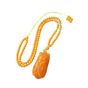 Exquisite Beeswax Carved Fortune Cicada Pendant w Beads Necklace