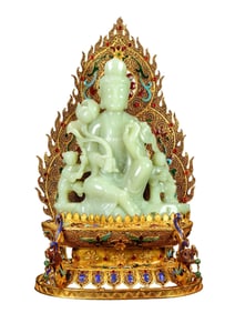 Exquisite Chinese Hetian Jade Carved Kwan-yin Statue w Gold Wire Enamel Base