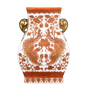 Chinese Qing Dynasty Gilt Gold Iron Red Glaze Phoenix & Peony Design Porcelain Vase