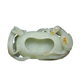 Superb Chinese Hetian Jade Carved Dragon Phoenix Brush Washer