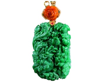 High Quality Green Jadeite Carved Phoenix & Peony Pendant w Hand Woven Chenxiang Wood Beads Necklace