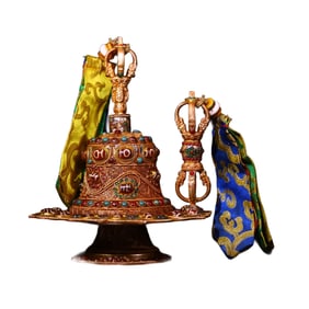 Tibetan Silver Wires Inlay DZI Agate & Gems Bell & Pestle Xiangmo Statue