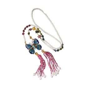 Beautiful 925 Silver Enamel Butterfly Pendant w w Hand Woven Pearl & Tourmaline Beads Necklace