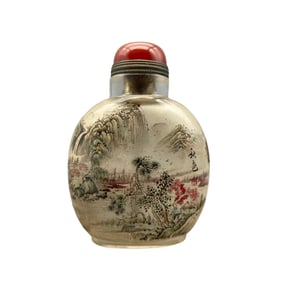 Old Chinese Peking Glass Inside Painting Mountain River Scene Design Snuff Bottle w Stopper