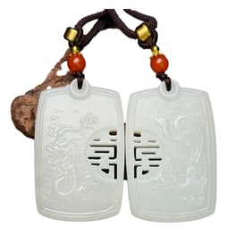 A Pair Chinese Hetian Jade Low Relief Dragon Phoenix Pendant