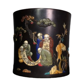 Vintage Chinese Zitan Wood Inlay Shoushan Stone Pine Tree & Figure Design Brush Pot