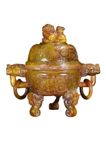 Vintage Ox Horn Carved 3 Legs Double Ring Fortune Lion Incense Burner