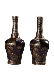 A Pair Chinese Gilt Gold Lacquerware Sages Meeting Design Vases