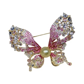Beautiful Silver Plated Gilt Gold Inlay Pearl & Gems Butterfly Brooch