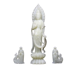 A Set Exquisite Chinese White Hetian Jade Carved Kwa-yin Statue w Buddha Statue