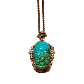 High Quality 18K Gold Inlay Turquoise Carved Ganesha Buddha Pendant