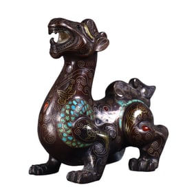 Vintage Chinese Bronze Inlay Turquoise & Silver Wires Divine Beast Statue